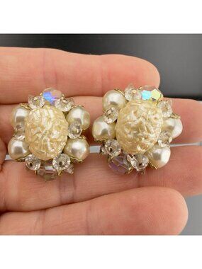 Vintage Faux Pearl AB Aurora Borealis Crystal Cluster Clip-On Earrings 1950s 60s